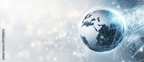 A digital globe with network lines on a white background with abstract square patterns, representing global connectivity, connectivity, Ai