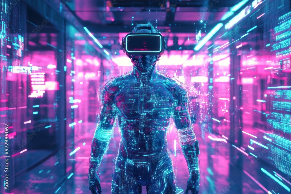 Advanced robotic figure in neon-lit virtual realm Advanced robotic figure in neon-lit virtual realm