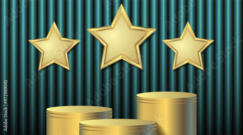 Golden podium and  Star with cylinder curve pattern or vertical background green color Illustration
