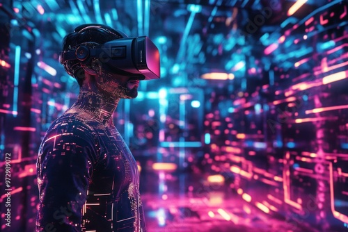 Person immersed in virtual reality neon environment