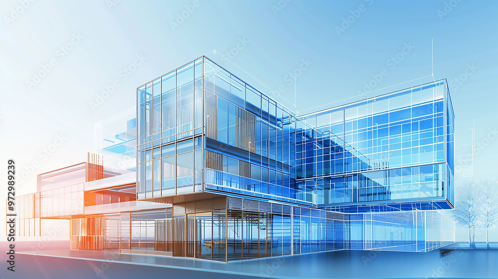 Clean and minimalist wire-frame design of a contemporary office building on a blue backdrop, exemplifying precision and sophistication in architectural drafting.