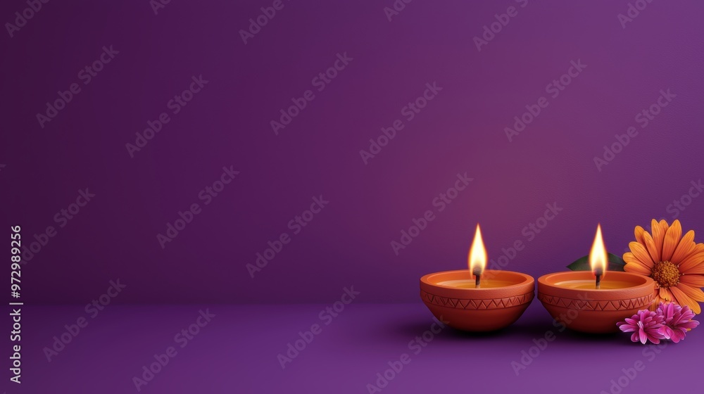A purple background with two lit candles and flowers A purple background with two lit candles and flowers