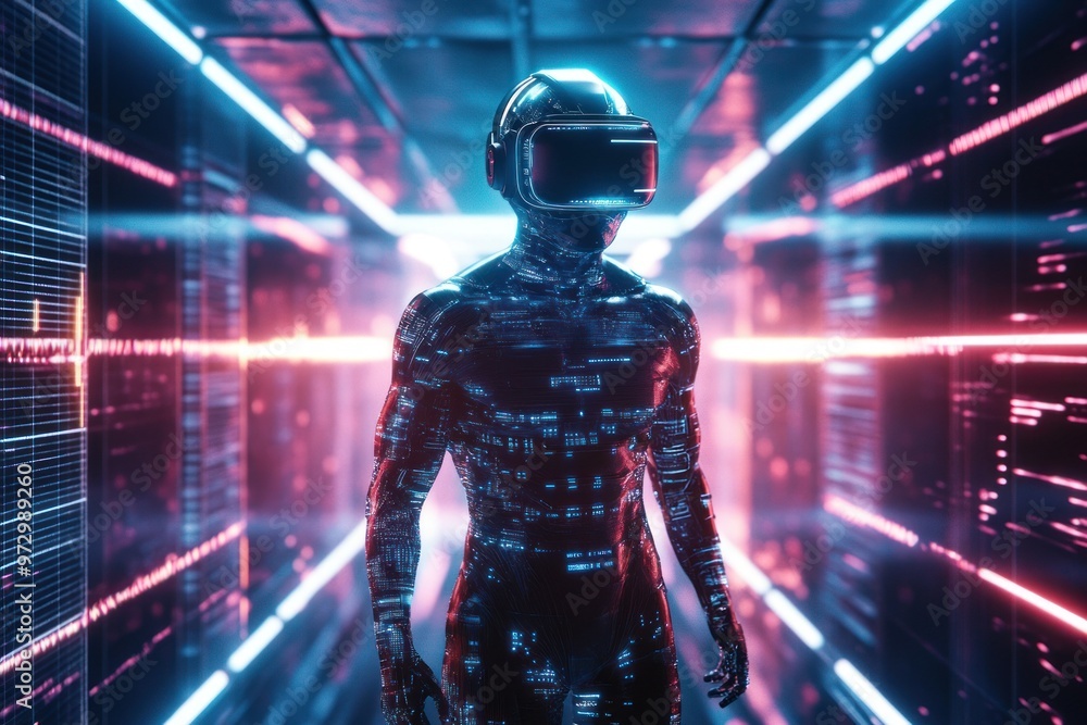 Futuristic Figure in Virtual Reality Glowing Corridor Futuristic Figure in Virtual Reality Glowing Corridor