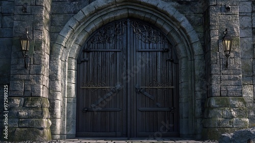 Wallpaper Mural Ancient Stone Archway with Double Wooden Doors and Lanterns Torontodigital.ca