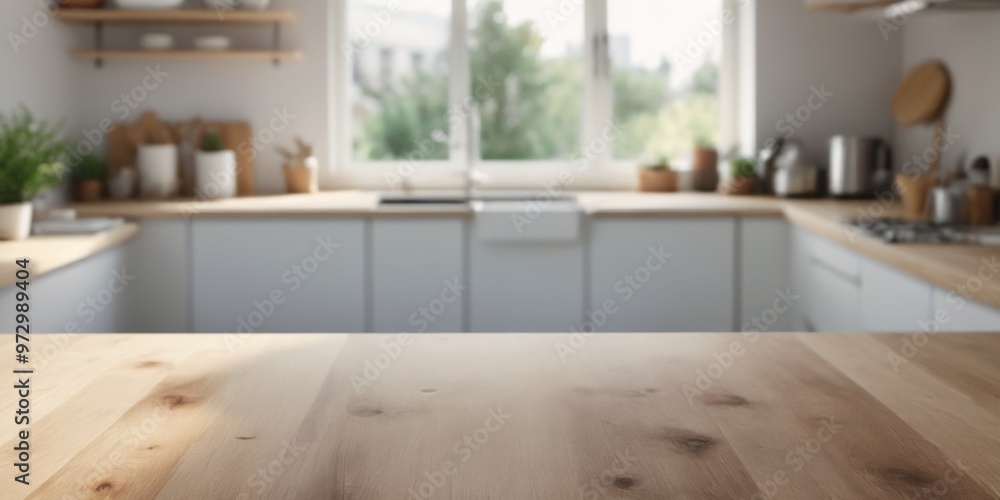 Clean and Minimalistic Modern Kitchen with a Wooden Table, Blurr Clean and Minimalistic Modern Kitchen with a Wooden Table, Blurr
