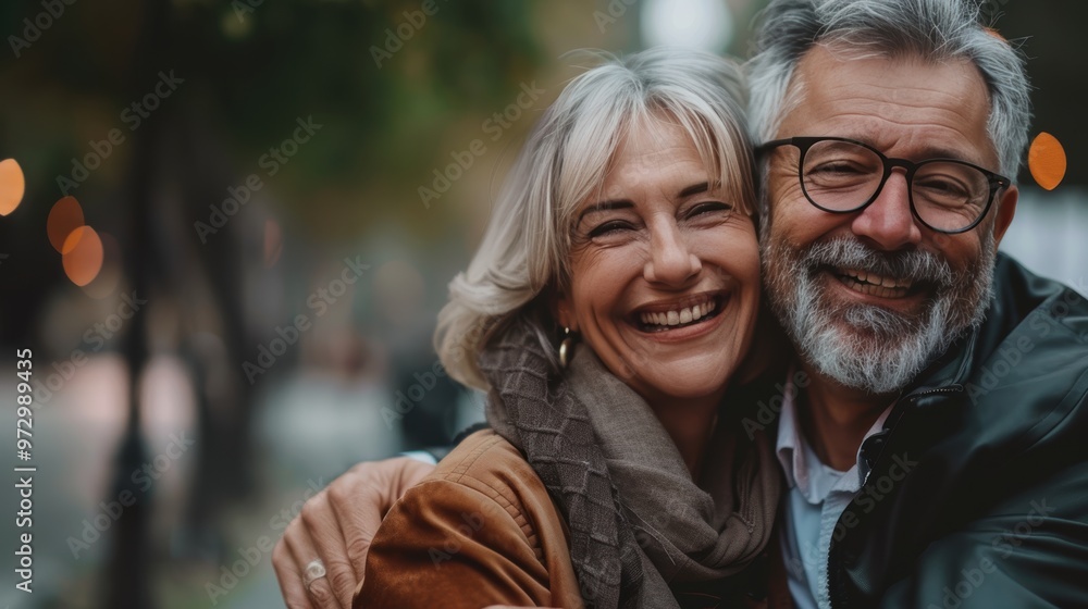 Obraz premium couple senior family smile and happy activity together, cuddling, warm hugs, senior or adult love, married couple, warm family. Husband and wife in love so fun in important days, celebrating
