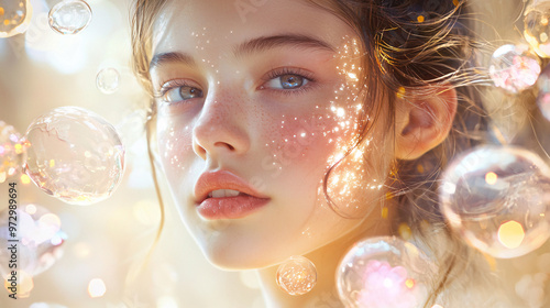 Surreal portrayal of a beautiful European teenage girl with a radiant complexion, surrounded by floating, illuminated skincare products and abstract light patterns. 