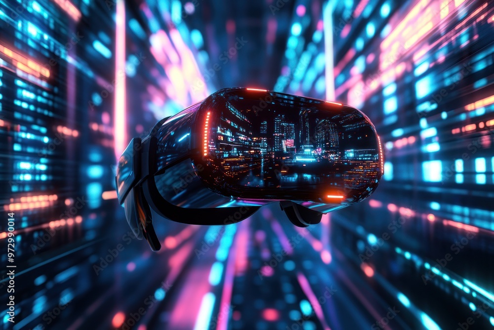 VR headset with neon city reflection in a digital space VR headset with neon city reflection in a digital space