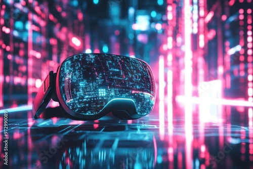 Advanced VR goggles glowing with cyan and red lights