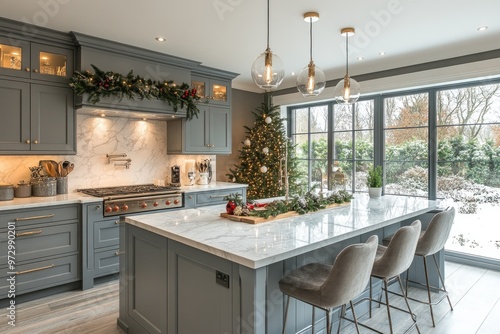 Luxury modern kitchen interior, with kitchen island beautifully decorated for Christmas holidays photo