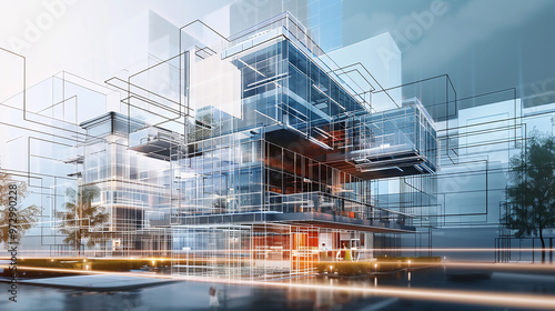 Wallpaper Mural Architecture building schematic .Digital Blueprint of Modern Building Torontodigital.ca