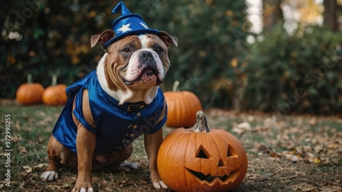 American Bully dog dressed in a costume for Halloween.Generative wtih AI photo