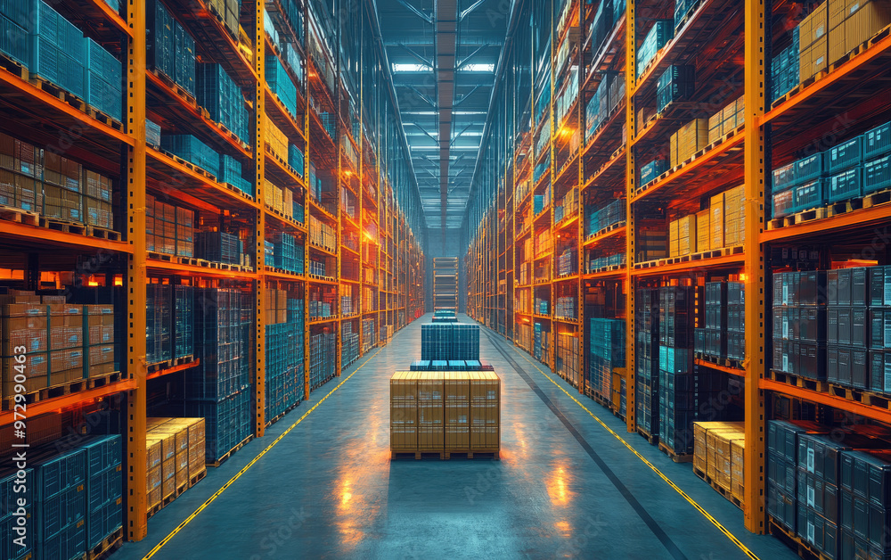 Fototapeta premium A spacious warehouse with shelves filled with organized boxes, illuminated by bright lights creating a vibrant atmosphere.