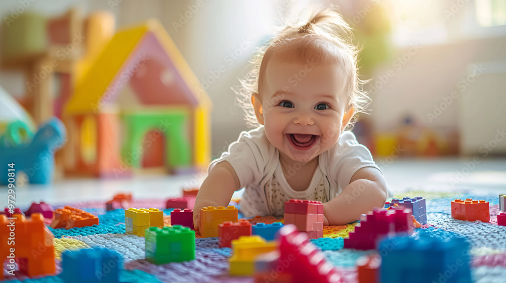 Realistic image of a joyful 1-year-old baby playing with colorful building blocks on a soft play mat, surrounded by a bright and clean playroom. 