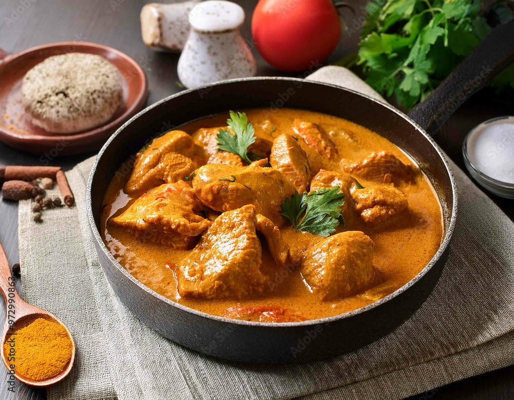 Chicken in curry sauce in a pan with the ingredients Chicken in curry sauce in a pan with the ingredients
