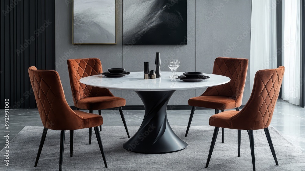 50-Inch Round Dining Table with White Top and Black Steel Legs, Accompanied by 4 Brown Velvet Chairs, Set in an Empty Room with Gray Carpet and Walls, Product Photography 50-Inch Round Dining Table with White Top and Black Steel Legs, Accompanied by 4 Brown Velvet Chairs, Set in an Empty Room with Gray Carpet and Walls, Product Photography