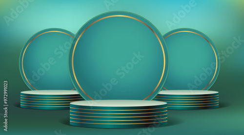 Circle podium turquoise  with line gold on green gradation background Illustration