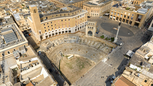 Aerial view of Sant'Oronzo square, Palazzo del Seggio and the Roman amphitheater of Lecce, In Puglia, Italy. It is for the people of Lecce the main meeting place. photo