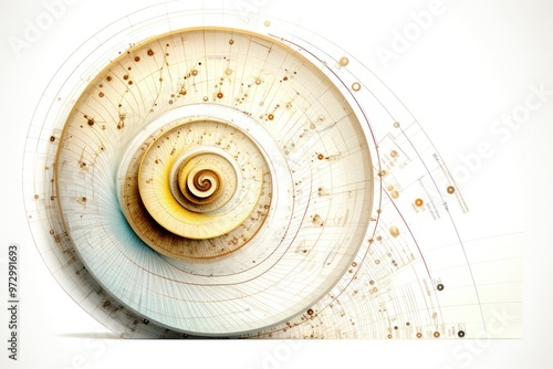 Golden ratio spiral with Fibonacci sequence numbers at each intersection point