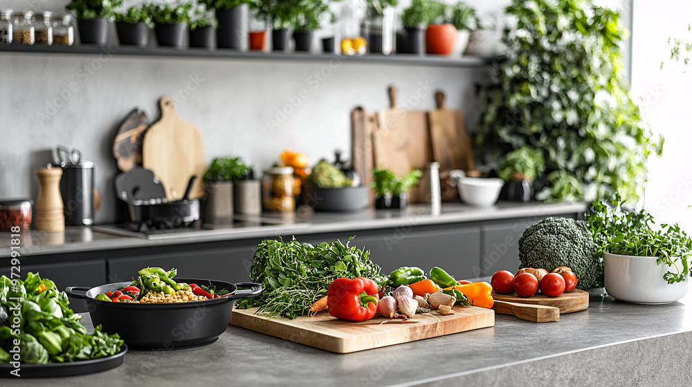 Healthy meal preparation in a stylish kitchen with a focus on fresh vegetables, lean proteins, and whole grains, displayed on a well-organized countertop. Healthy meal preparation in a stylish kitchen with a focus on fresh vegetables, lean proteins, and whole grains, displayed on a well-organized countertop.