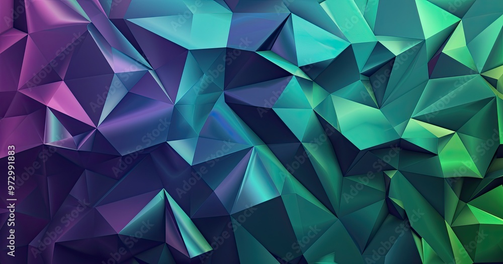 Obraz premium A vibrant, abstract geometric design featuring sharp angles and gradients in purple, teal, and green hues.
