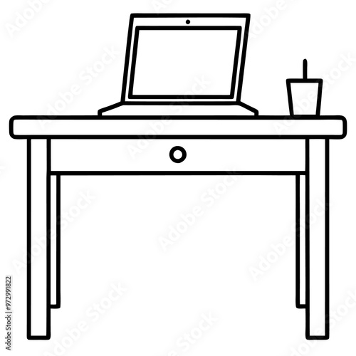 desk with laptop outline coloring book page line art drawing