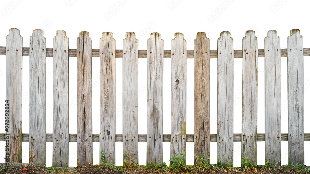 Old Wooden Picket Fence with Grass Isolated on White Background. Old Wooden Picket Fence with Grass Isolated on White Background.