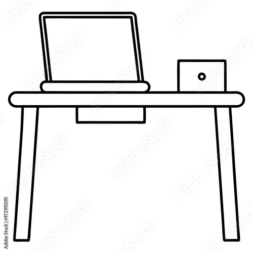 desk with laptop outline coloring book page line art drawing