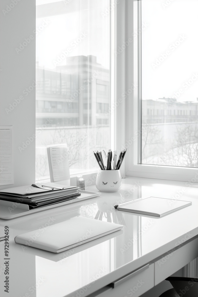 Elegant modern home Office with Modern Pot Tree and Coffee with large window day light for working Elegant modern home Office with Modern Pot Tree and Coffee with large window day light for working
