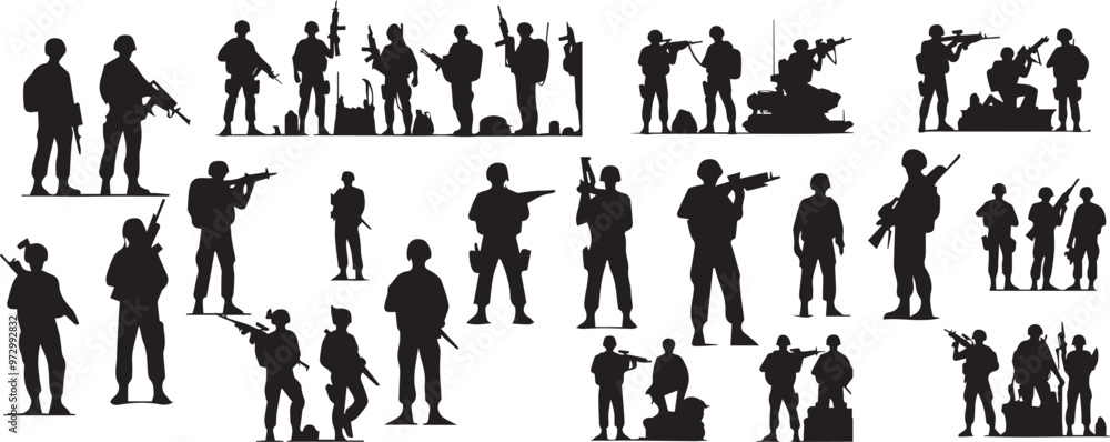 Army silhouette of men soldiers with weapons, a large military vector set Army silhouette of men soldiers with weapons, a large military vector set