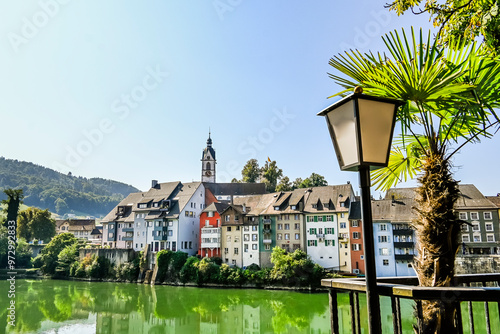 Laufenburg, Schlossberg, Kirche, St. Johann, Altstadt, Altstadthäuser, Rhein, Rheinufer, Uferweg, Ruine, Laufenbrücke, Sommer, Sommertag, Schweiz photo