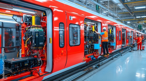 Modern train manufacturing with workers assembling red train cars in a factory. Focus on precision and engineering skills.