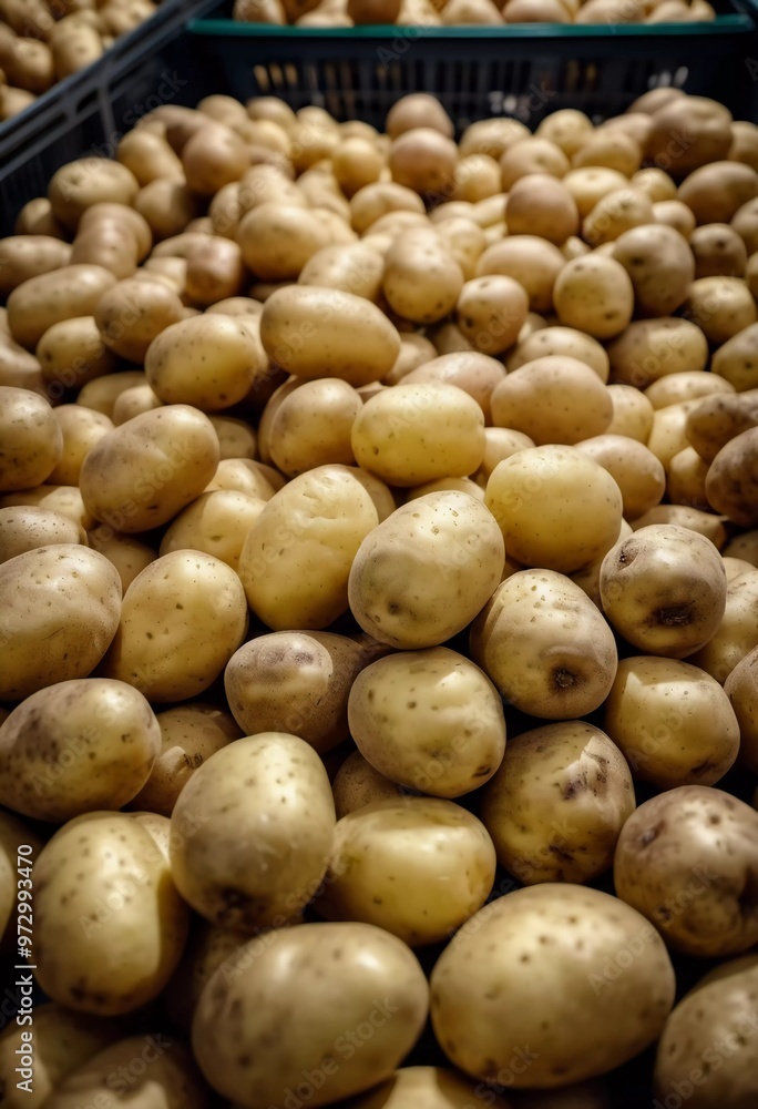 A supermarket features a vibrant display of fresh potatoes piled high, surrounded by other produce. Shoppers browse nearby, enjoying the variety available. Generative AI A supermarket features a vibrant display of fresh potatoes piled high, surrounded by other produce. Shoppers browse nearby, enjoying the variety available. Generative AI