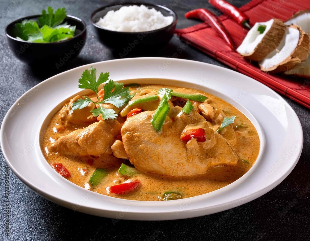 chicken fillet in a spicy coconut sauce close up on a table chicken fillet in a spicy coconut sauce close up on a table