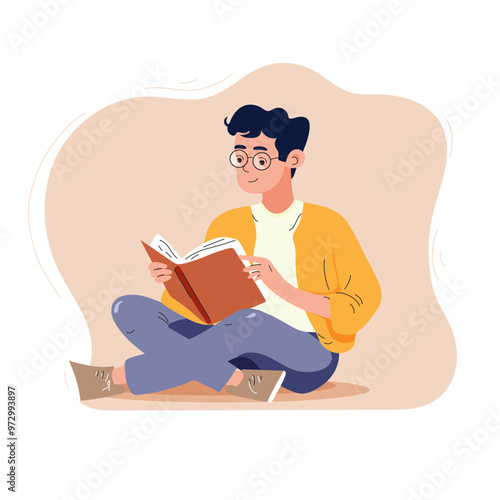 Young man holding open paper book in hands at leisure time. Person reading. Literature, abstract novel reader. Student studying for exam. Flat vector illustration isolated on white background