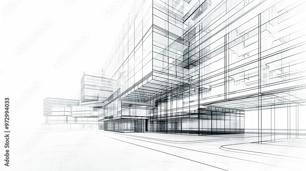 Modern Architecture building construction perspective design, building sketch line drawing on white background Modern Architecture building construction perspective design, building sketch line drawing on white background