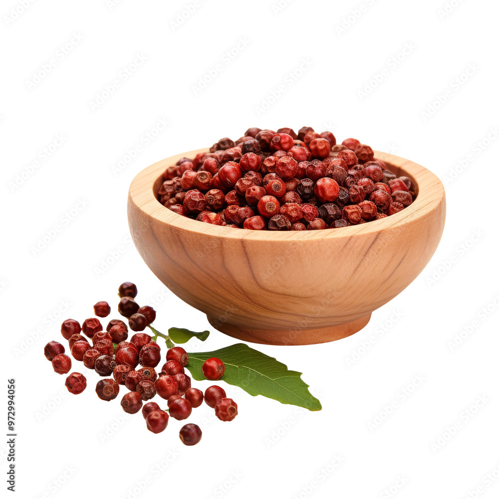 Bowl of Pink Peppercorns with Fresh Green Leaves for Culinary Use Bowl of Pink Peppercorns with Fresh Green Leaves for Culinary Use