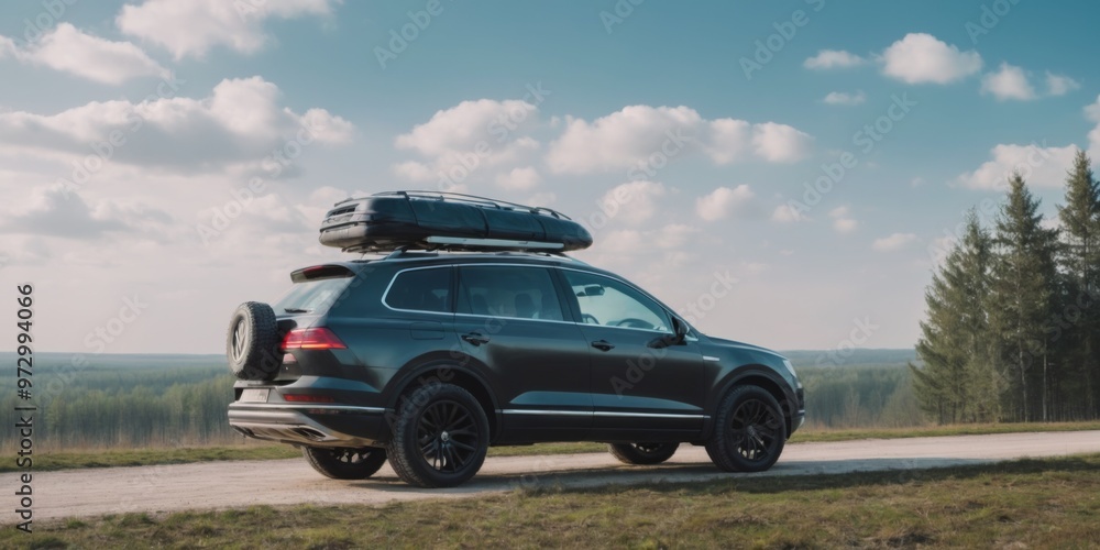 Black SUV with roof rack parked in forested area, ready for off- Black SUV with roof rack parked in forested area, ready for off-