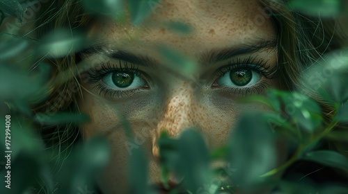 Close-up of a woman's eyes peering through green foliage.