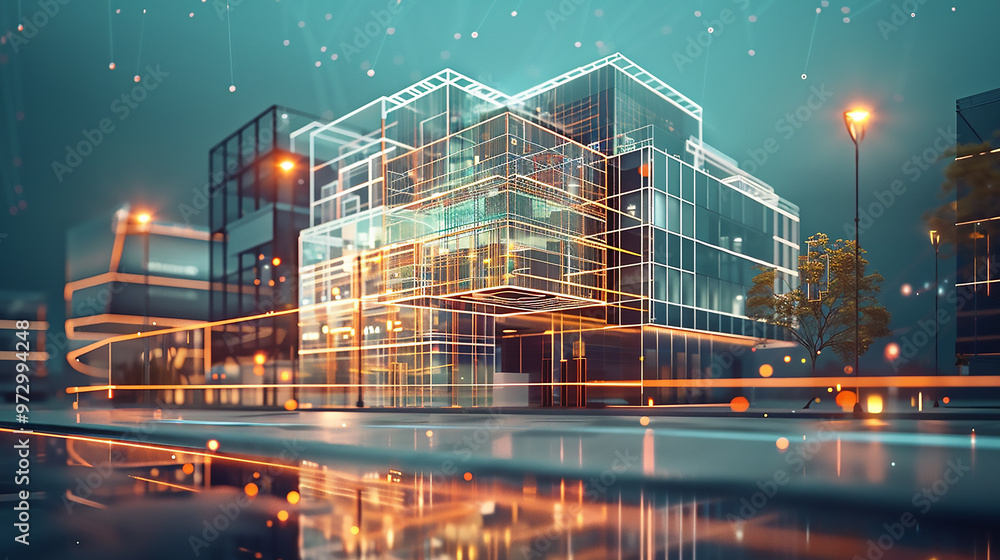 Fototapeta premium Modern glass office building with city skyline reflection during sunset, capturing urban architecture and business environment.