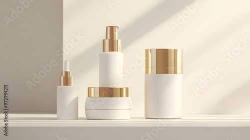 Wallpaper Mural A minimalist 3D rendering of beauty products in white and gold, including a face cream jar, cosmetic bottle, and spray tube. Perfect for skincare or hair care branding visuals. Torontodigital.ca