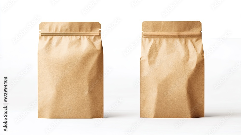 A simple brown paper bag packaging template, isolated on a white background, showing both front and back views, perfect for product mockups and design presentations. A simple brown paper bag packaging template, isolated on a white background, showing both front and back views, perfect for product mockups and design presentations.