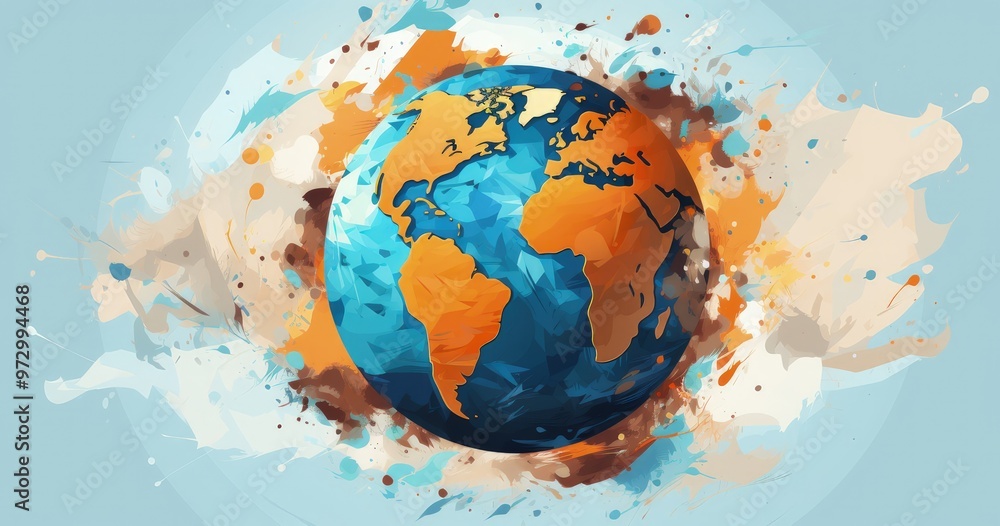 Naklejka premium A vibrant, abstract illustration of Earth, showcasing continents in orange and blue against a colorful background.