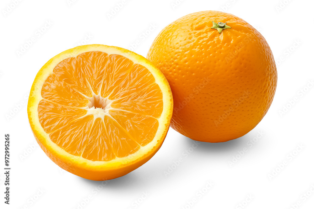 Close-up of a halved orange beside a whole orange, highlighting the bright pulp and smooth peel on a transparent background. Close-up of a halved orange beside a whole orange, highlighting the bright pulp and smooth peel on a transparent background.