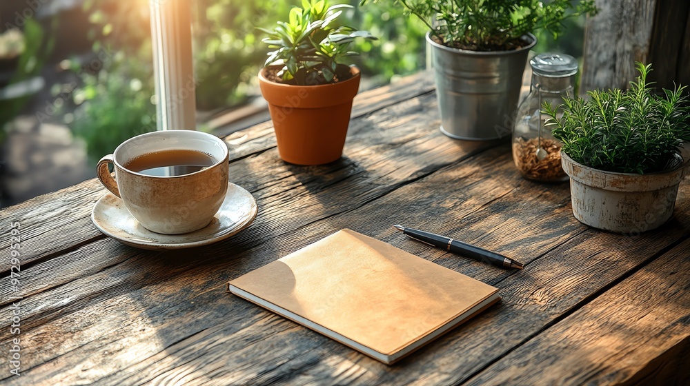 Simple and elegant desk setup with a notebook and pen, topdown view, clean lines and soft natural tones Simple and elegant desk setup with a notebook and pen, topdown view, clean lines and soft natural tones