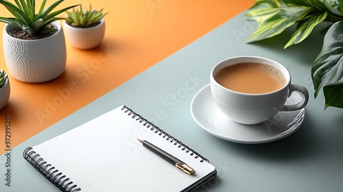 Simple and elegant desk setup with a notebook and pen, topdown view, clean lines and soft natural tones