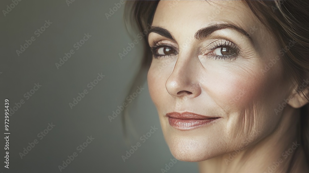Naklejka premium An artistic portrait of a 50-year-old woman with minimal makeup, highlighting the natural beauty and texture of her skin, with soft, diffused lighting.
