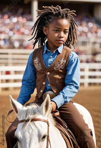 Young african amercian boy with short dreads, wearing a brown vest and denim shirt with brown pants, riding a white horse at rodeo with people in the arena stands blurred behind him. photo