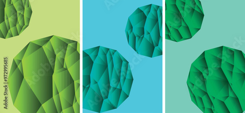 A4 size book cover, flyer and poster backgrounds. Modern abstract geometric design with emerald crystals on a teal background, perfect for contemporary art.