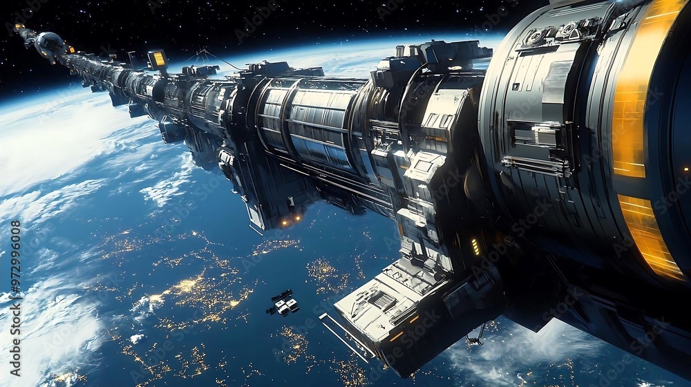 Futuristic Spaceship Orbiting Earth with City Lights Futuristic Spaceship Orbiting Earth with City Lights